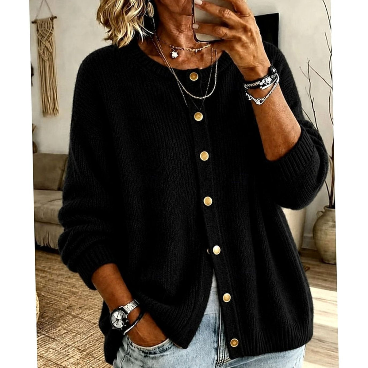 Cárdigan de botones mujer cuello redondo canalé