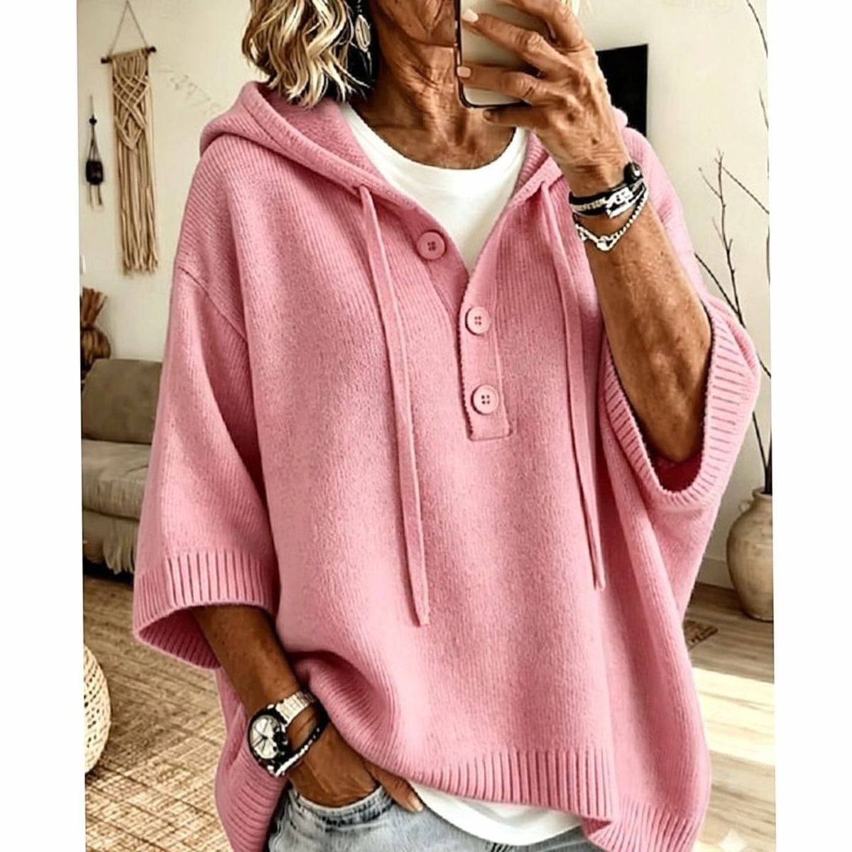 Jersey con capucha mujer botones manga 3/4