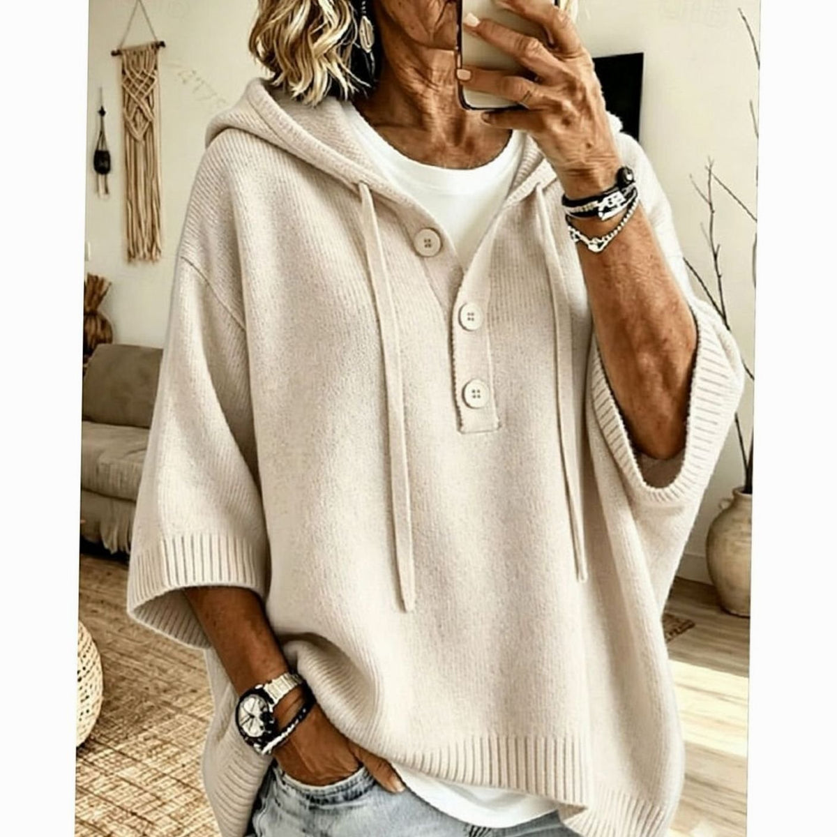 Jersey con capucha mujer botones manga 3/4