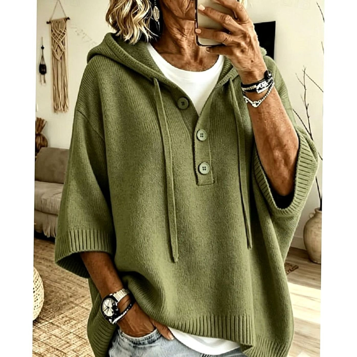 Jersey con capucha mujer botones manga 3/4
