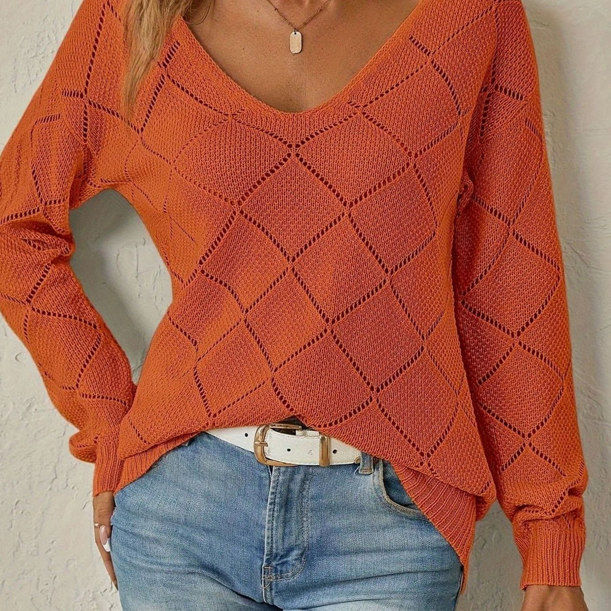 Jersey calado rombos mujer cuello pico