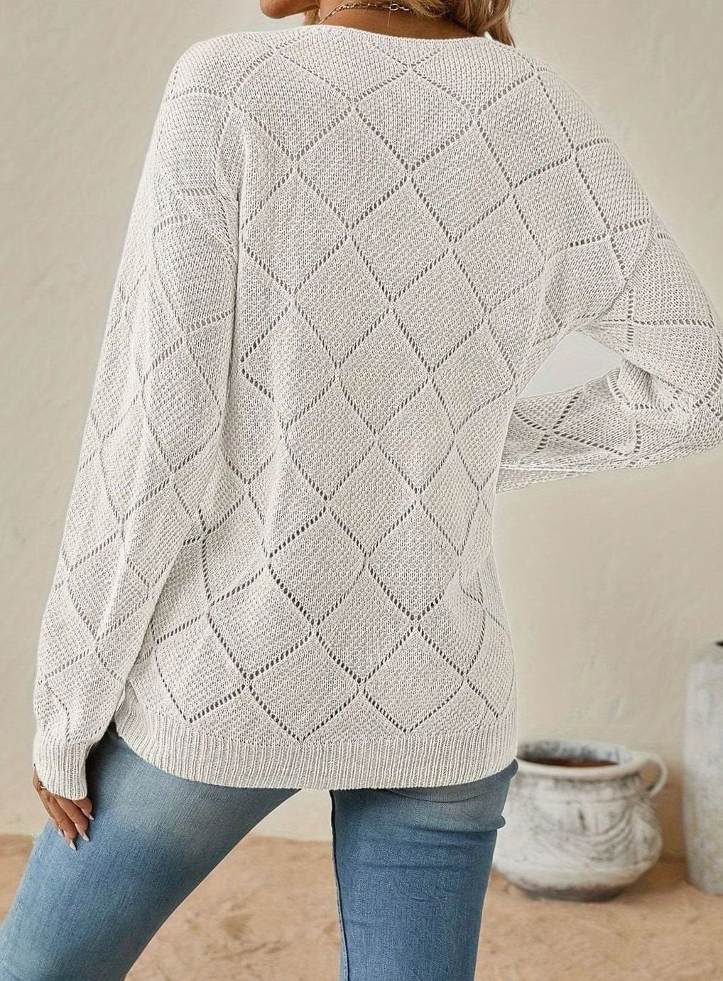 Jersey calado rombos mujer cuello pico