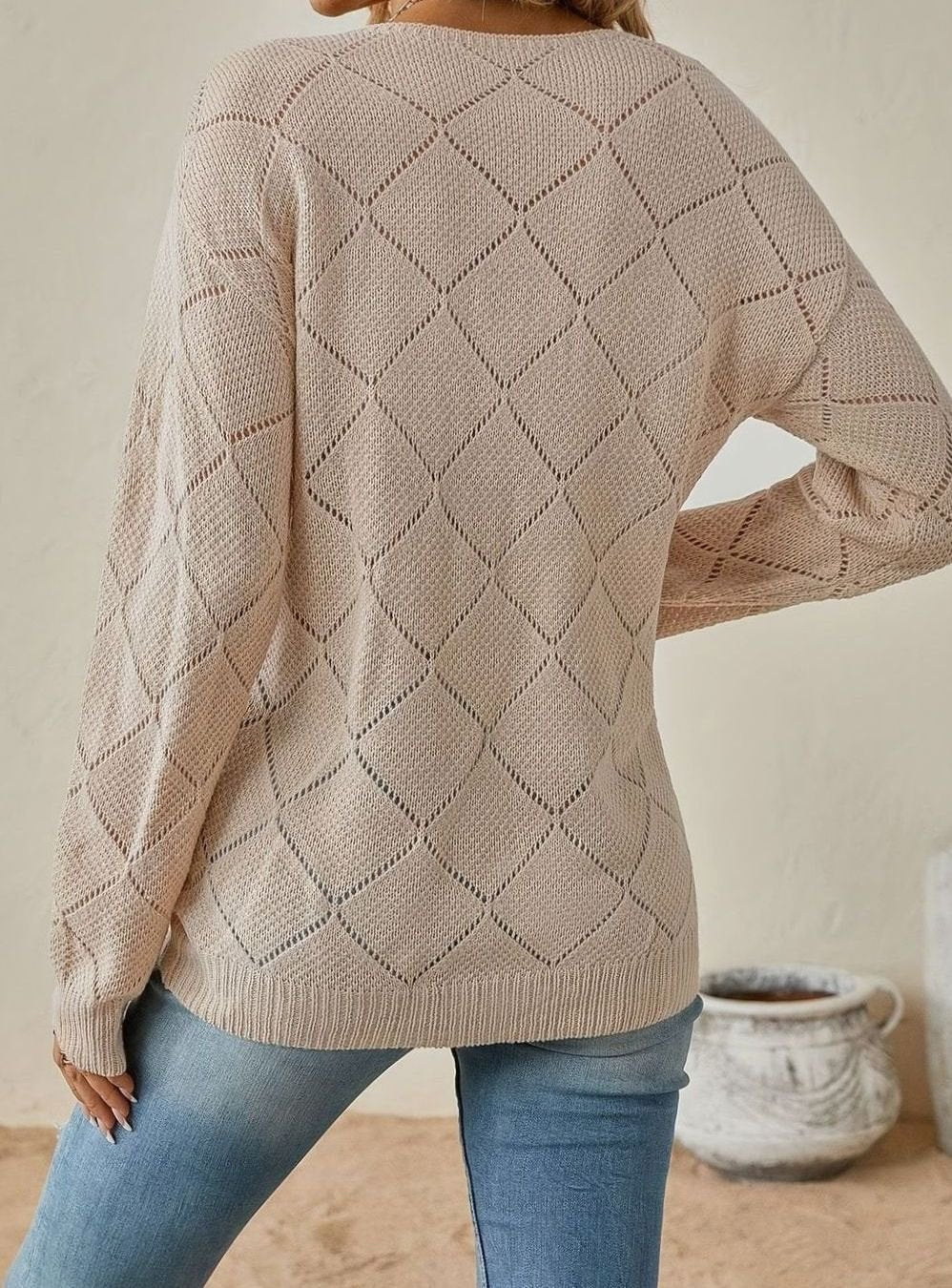 Jersey calado rombos mujer cuello pico