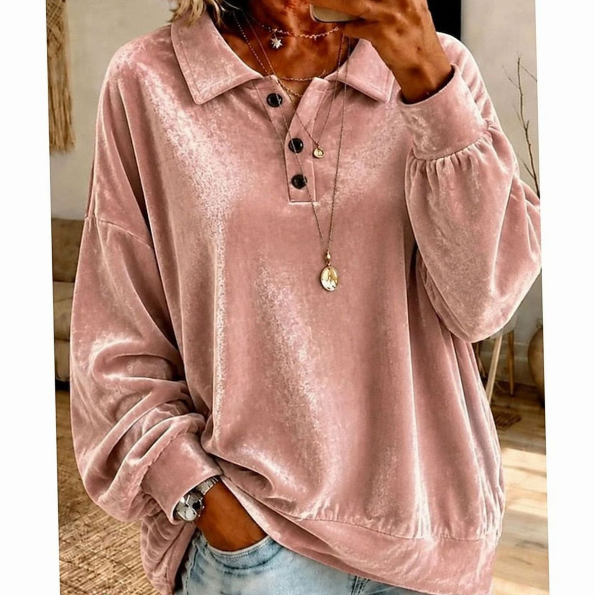 Jersey mujer cuello camisero terciopelo con botones
