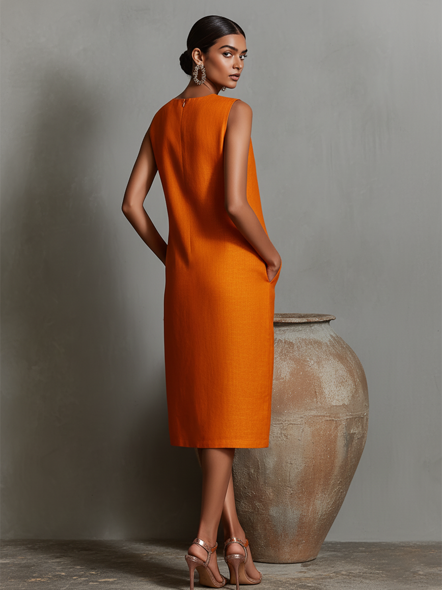 Vestido midi mujer con bolsillos cuello redondo