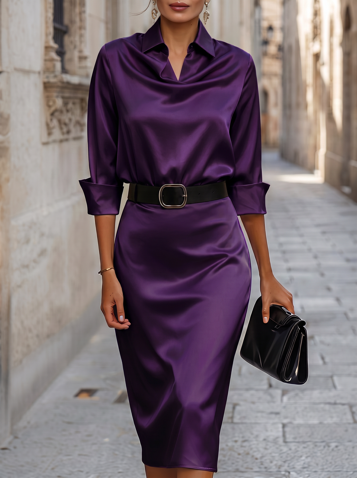 Xiana | Vestido Midi Satinado con Cuello Drapeado y Cinturón - Morado