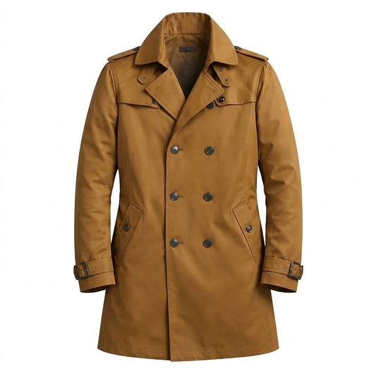 Xoán | Gabardina Slim de Hombre con Doble Botonadura y Cinturón en Puños - Caqui oscuro