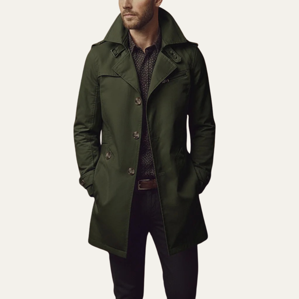 Xoán | Gabardina Slim de Hombre con Doble Botonadura y Cinturón en Puños - Verde