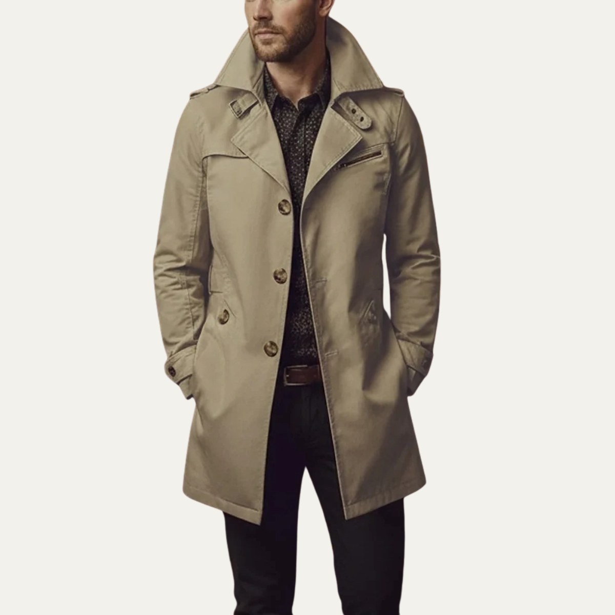 Xoán | Gabardina Slim de Hombre con Doble Botonadura y Cinturón en Puños - Caqui