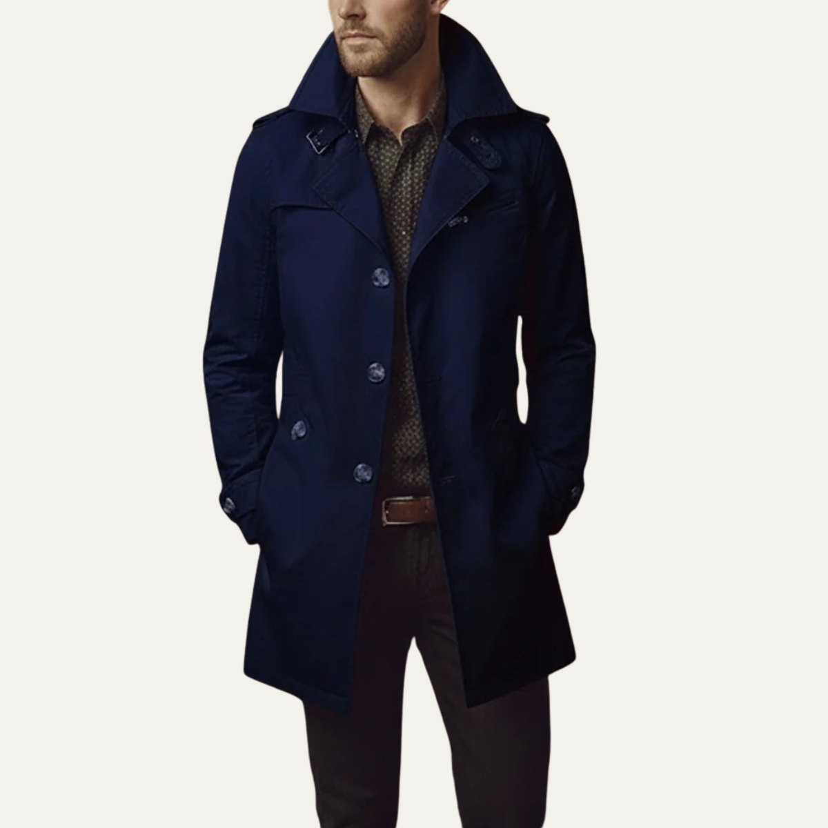 Xoán | Gabardina Slim de Hombre con Doble Botonadura y Cinturón en Puños - Azul marino