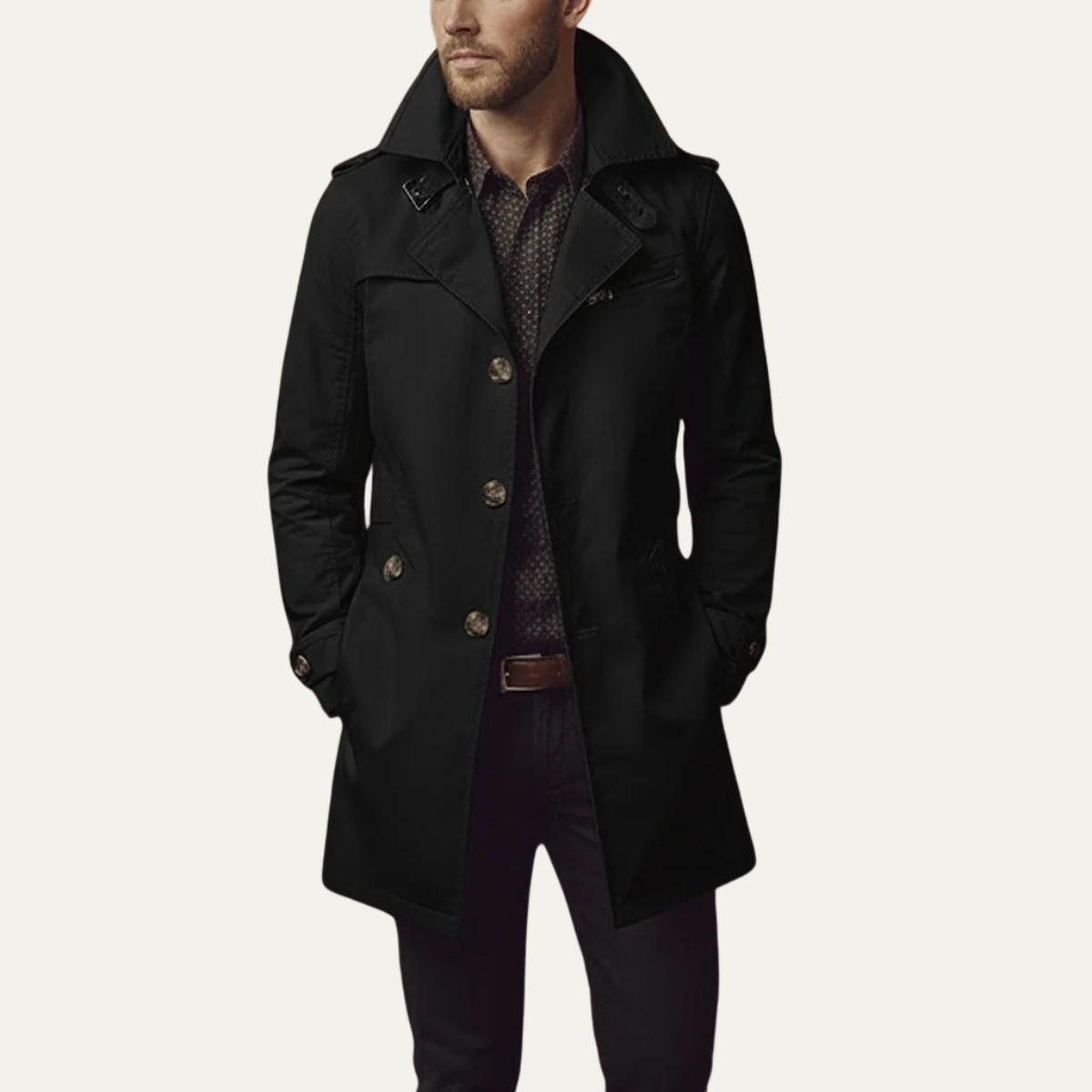 Xoán | Gabardina Slim de Hombre con Doble Botonadura y Cinturón en Puños - Negro
