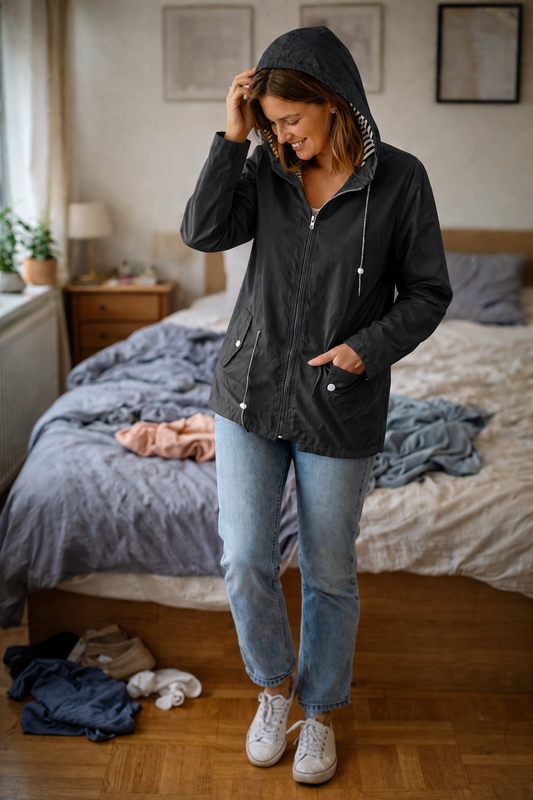 Yaiza | Chubasquero Parka con Capucha Forrada y Cintura Ajustable - Negro