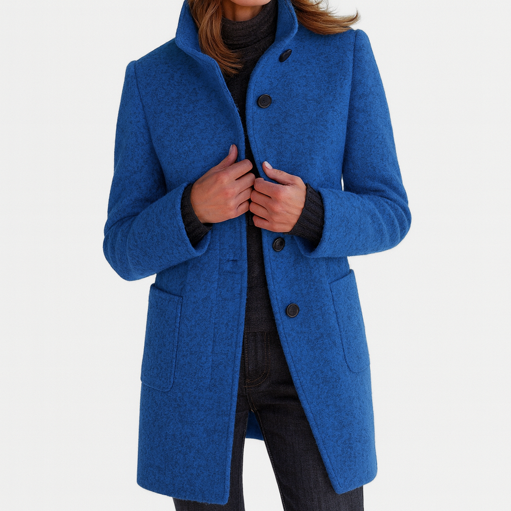 Yanira | Abrigo Midi de Mujer Tacto Lana con Cuello Alto y Botones - Azul