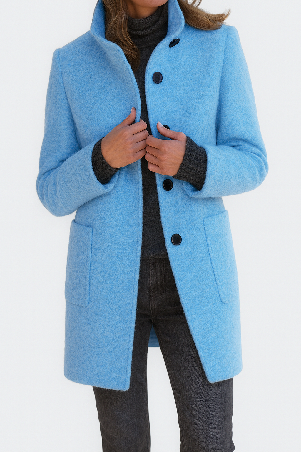 Yanira | Abrigo Midi de Mujer Tacto Lana con Cuello Alto y Botones - Azul claro