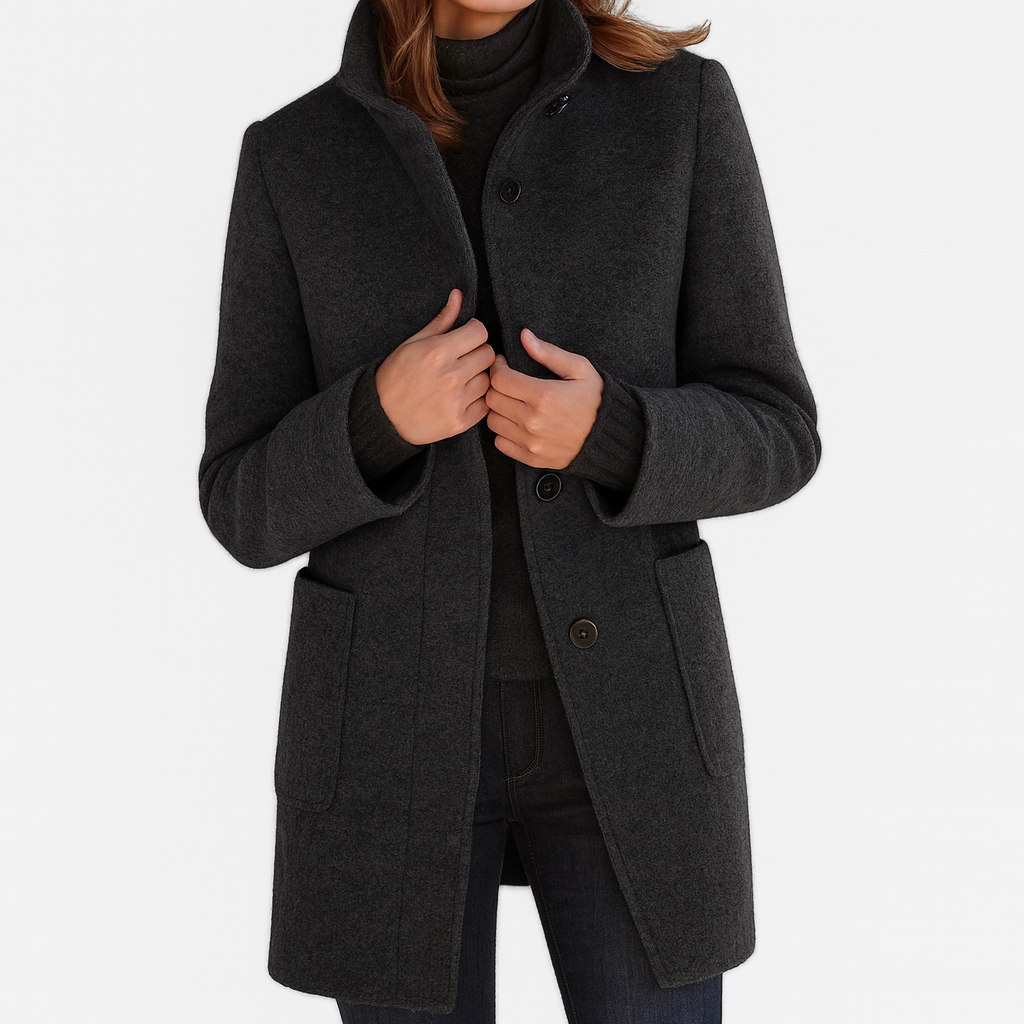 Yanira | Abrigo Midi de Mujer Tacto Lana con Cuello Alto y Botones - Negro