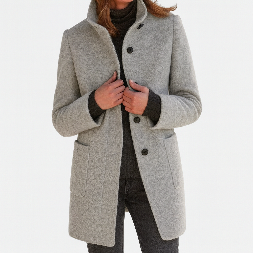 Yanira | Abrigo Midi de Mujer Tacto Lana con Cuello Alto y Botones - Gris