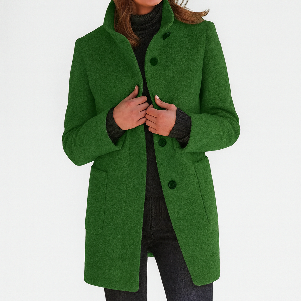 Yanira | Abrigo Midi de Mujer Tacto Lana con Cuello Alto y Botones - Verde