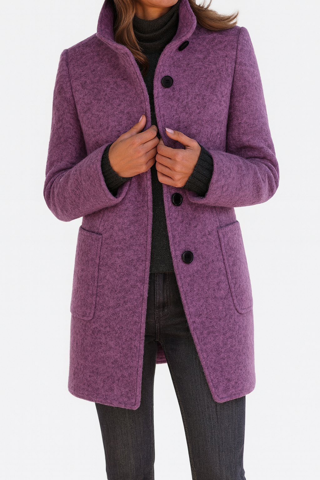 Yanira | Abrigo Midi de Mujer Tacto Lana con Cuello Alto y Botones - Morado