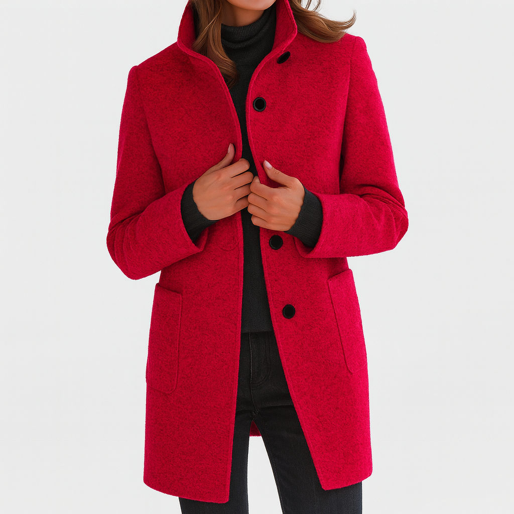 Yanira | Abrigo Midi de Mujer Tacto Lana con Cuello Alto y Botones - Rojo