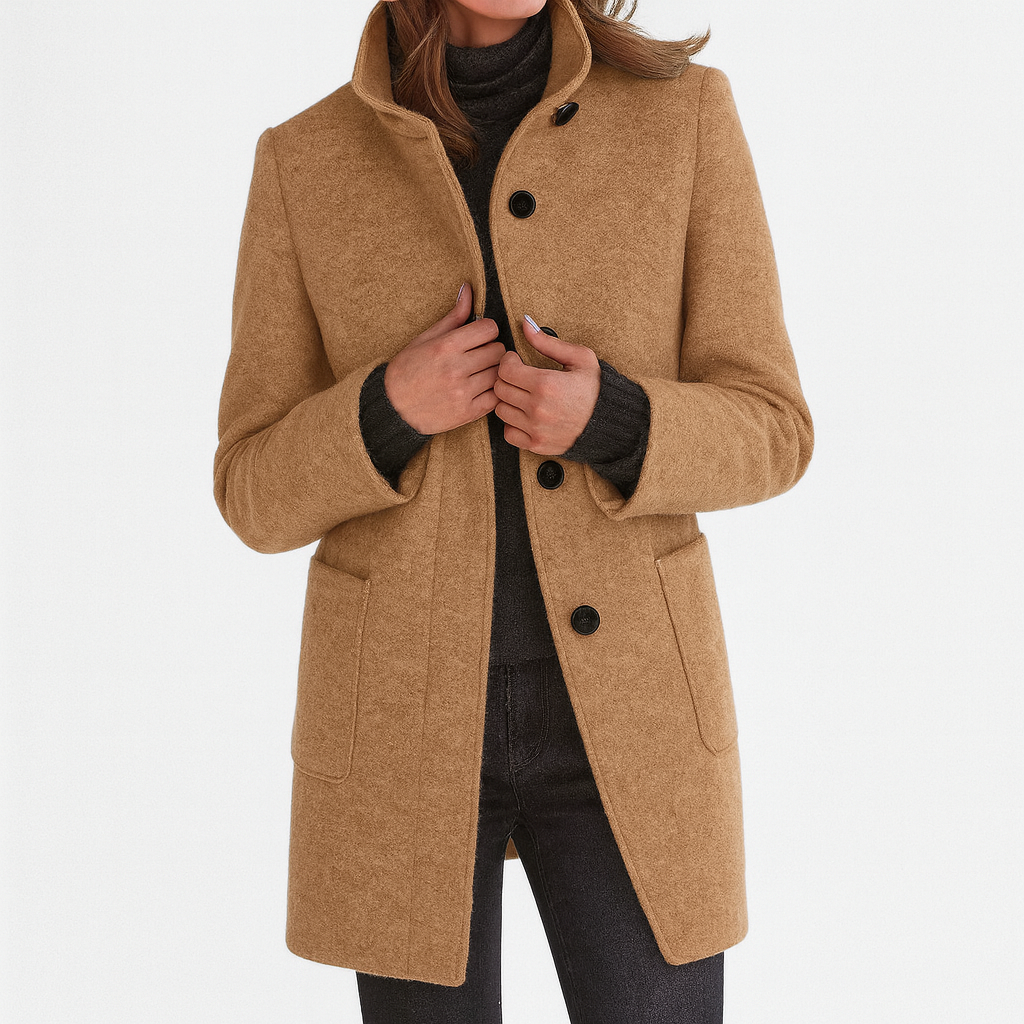 Yanira | Abrigo Midi de Mujer Tacto Lana con Cuello Alto y Botones - Camel