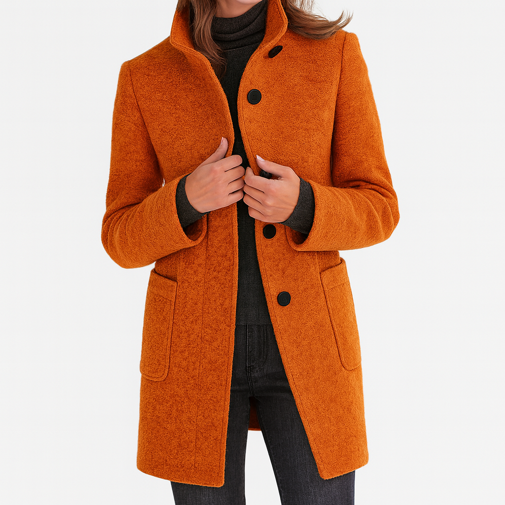 Yanira | Abrigo Midi de Mujer Tacto Lana con Cuello Alto y Botones - Naranja