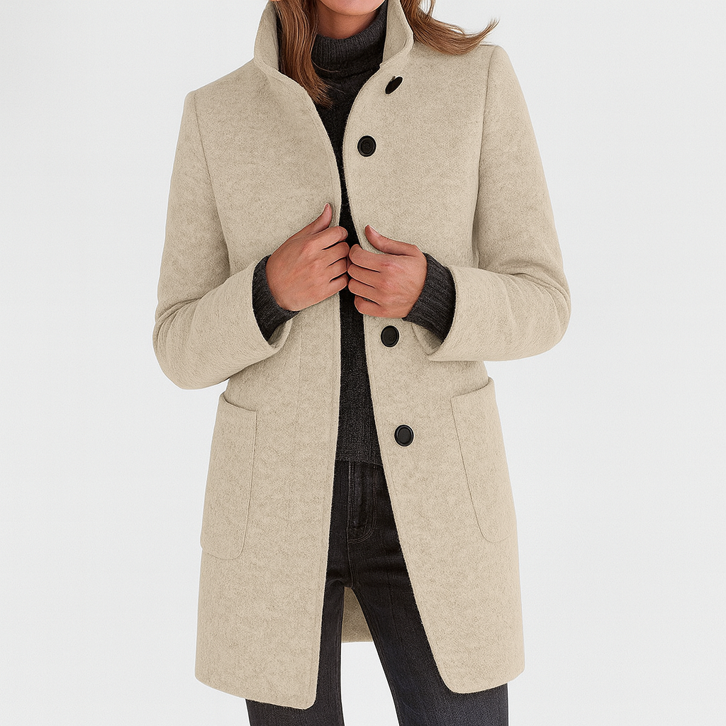 Yanira | Abrigo Midi de Mujer Tacto Lana con Cuello Alto y Botones - Beige