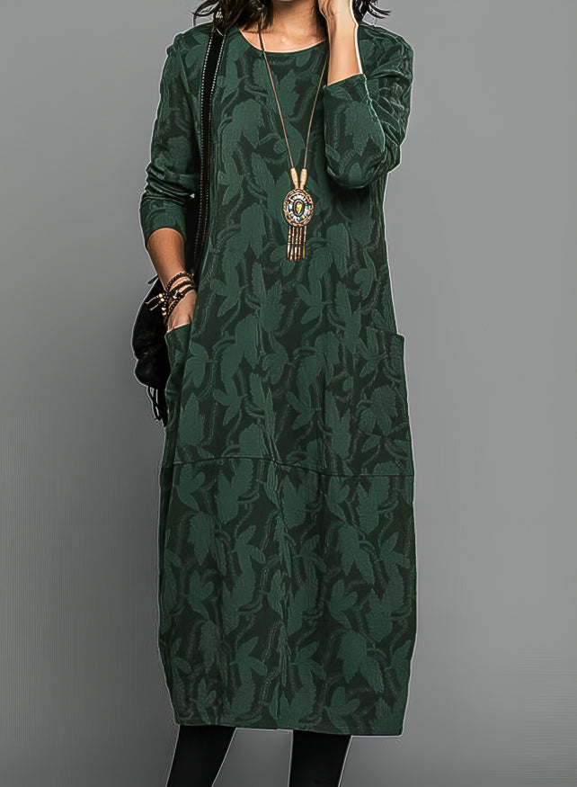 Zoraida | Vestido Midi de Manga Larga con Estampado de Hojas y Bolsillos - Verde