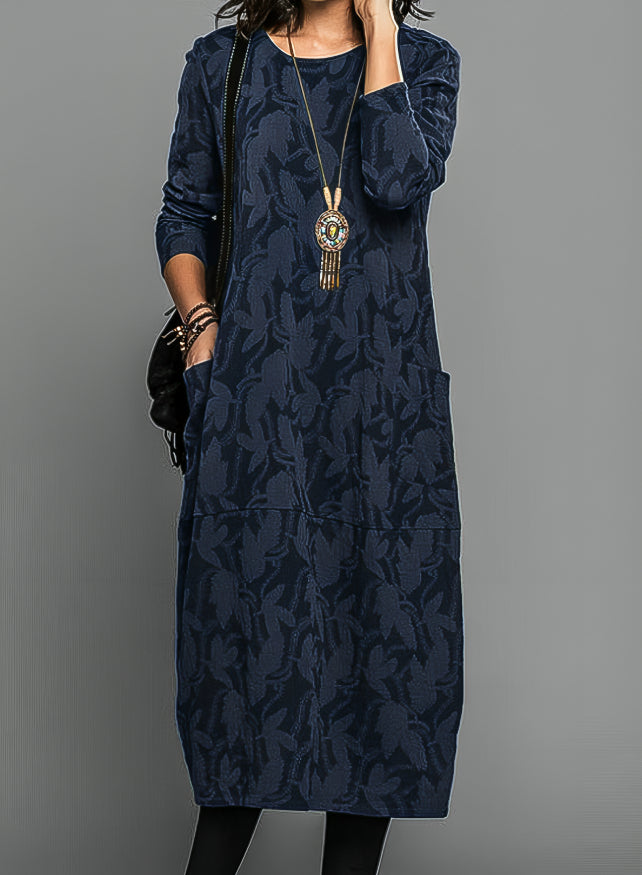 Zoraida | Vestido Midi de Manga Larga con Estampado de Hojas y Bolsillos - Azul marino