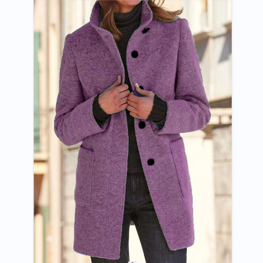 Abrigo Clásico de Cuello Alto con Botones y Bolsillos de Parche - Morado